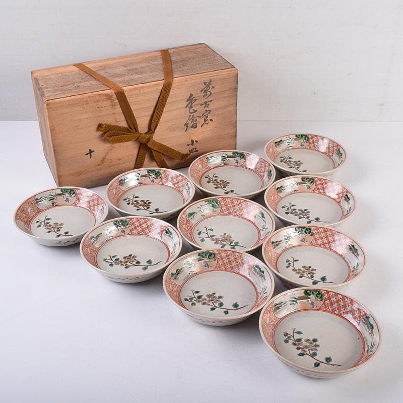 萬古焼　陶華園造　色絵　窓絵　山水人物花文　小皿　十客　共箱　M　R8897