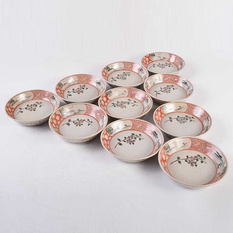 萬古焼　陶華園造　色絵　窓絵　山水人物花文　小皿　十客　共箱　M　R8897