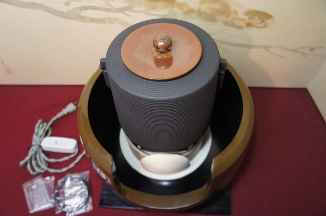 ☆合金面取風炉 さびない糸目筒釜 釜環 電熱器 敷板 前瓦 香入フルセット送料込