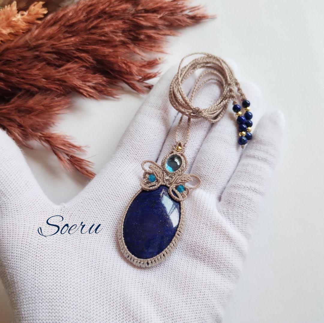 【ちーさん】ラピスラズリ＆ブルートパーズのマクラメ編みネックレス他