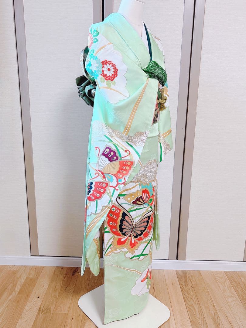 洗える振袖　セット　裄65 M L 帯　緑　ミント　蝶々　菊