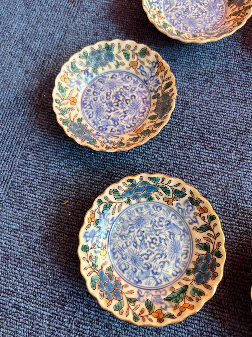 1036 中国　骨董　太明成化年製刻印付き　染付輪花　皿　6客　時代物