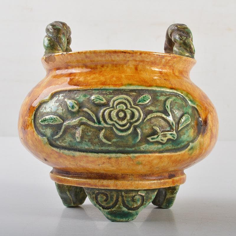 中国　三彩　花文　沖耳爐　三足香炉　時代箱　V　R7159
