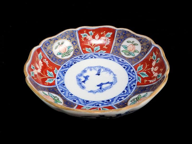 古伊万里　色絵　桃に花の図　膾皿　５客　N1556AS-CAw