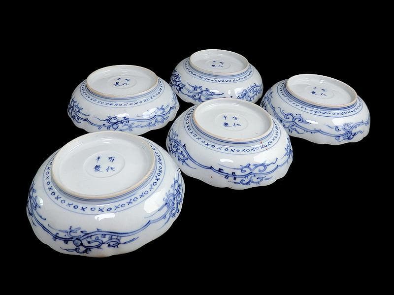 古伊万里　色絵　桃に花の図　膾皿　５客　N1556AS-CAw