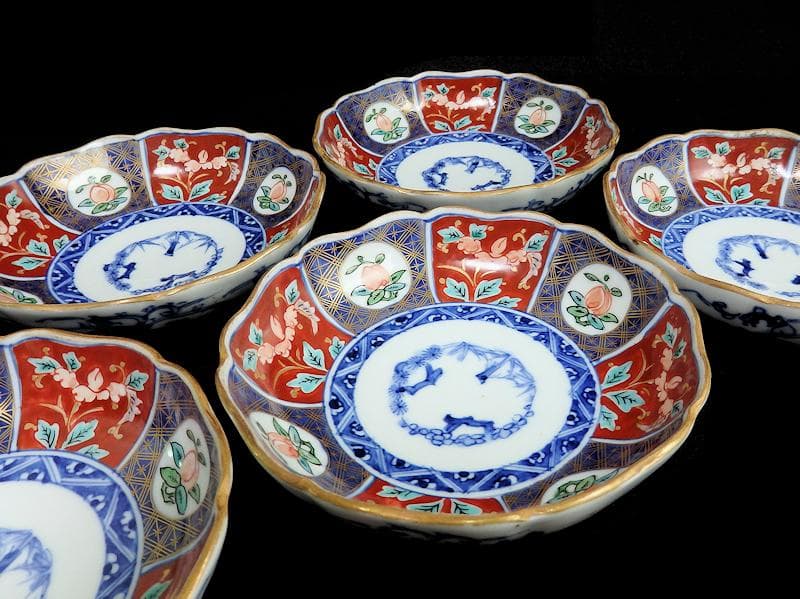 古伊万里　色絵　桃に花の図　膾皿　５客　N1556AS-CAw