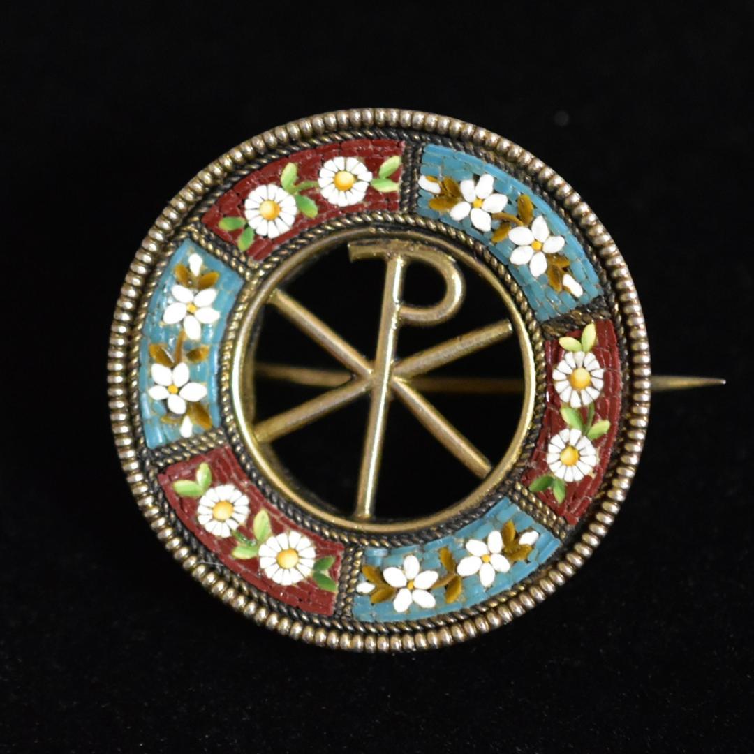 ロコ伊アンティーク XPのマイクロモザイクブローチ 完品