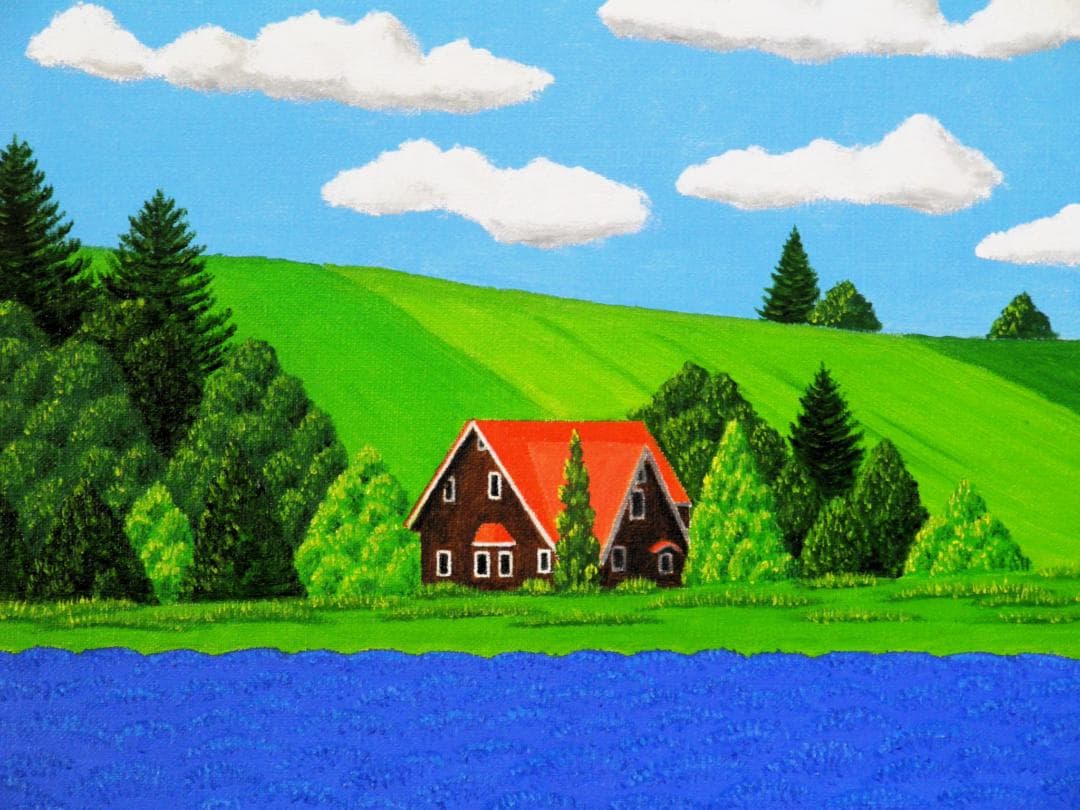 ★ラベンダー畑と赤い屋根の家・肉筆油彩画・F6キャンバス