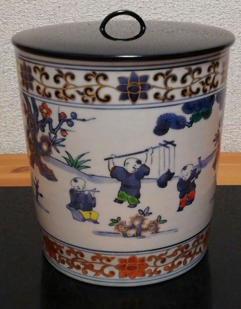 膳所焼　陽炎園　染付　五彩　唐子遊　水指　共箱　共布　茶道具