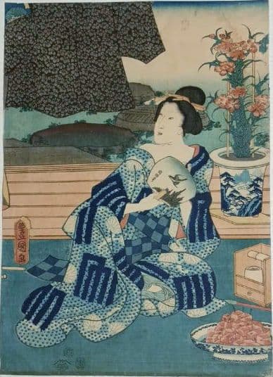 浮世絵版画、十二月の内水無月土用干三枚綴り真ん中1枚売り三代豊国画 有名スイカ絵