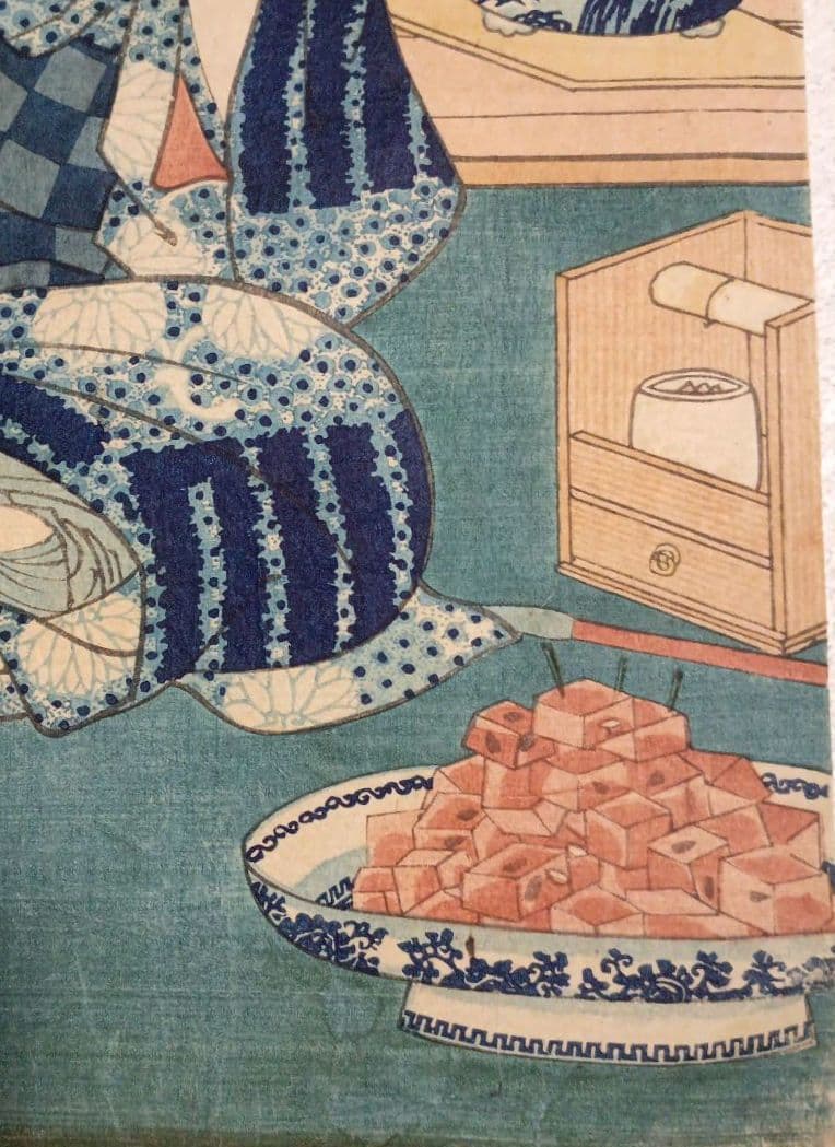 浮世絵版画、十二月の内水無月土用干三枚綴り真ん中1枚売り三代豊国画 有名スイカ絵