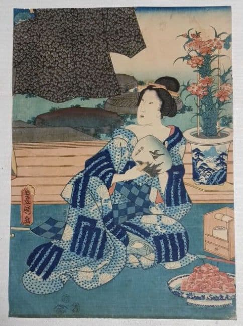 浮世絵版画、十二月の内水無月土用干三枚綴り真ん中1枚売り三代豊国画 有名スイカ絵