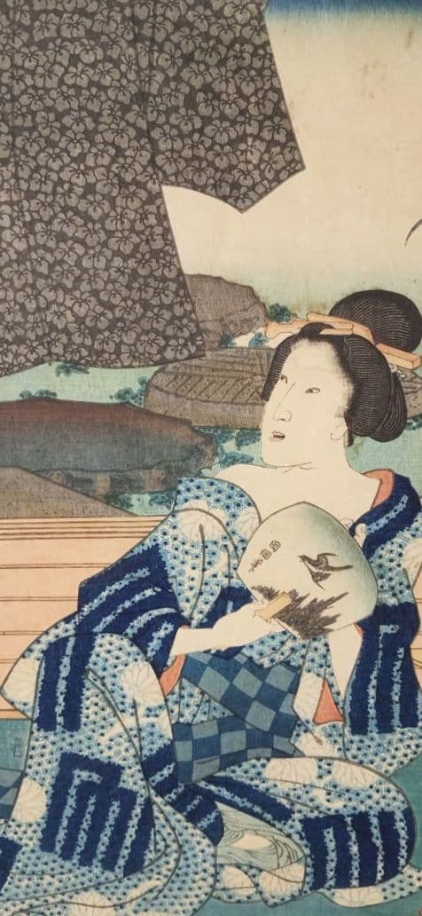 浮世絵版画、十二月の内水無月土用干三枚綴り真ん中1枚売り三代豊国画 有名スイカ絵