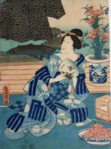 浮世絵版画、十二月の内水無月土用干三枚綴り真ん中1枚売り三代豊国画 有名スイカ絵