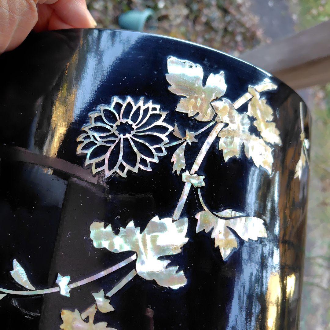 ①菊螺鈿手焙　火鉢黒漆　清菊真香
