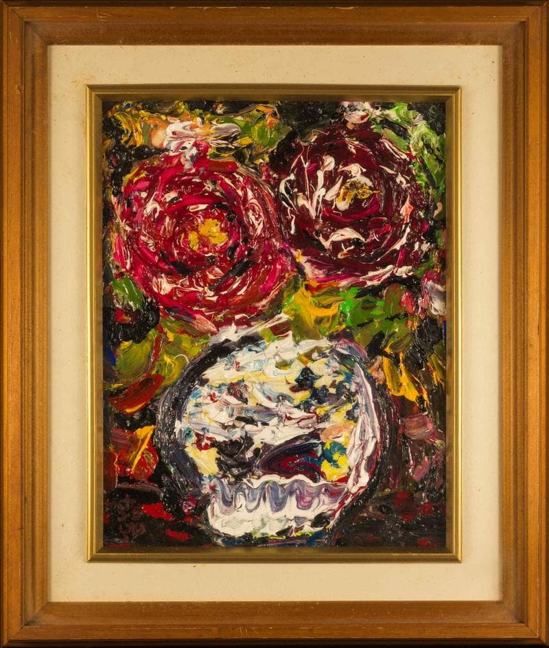 森田茂　油彩　肉筆『牡丹』表サイン　裏サイン　F6号　額装　b634