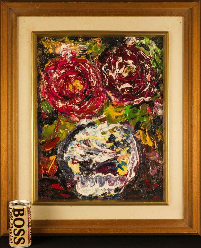 森田茂　油彩　肉筆『牡丹』表サイン　裏サイン　F6号　額装　b634