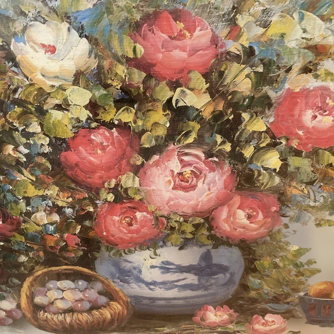 油絵 静物画 バラ 花瓶 フルーツ 60×80cm サイン入り 額縁付き