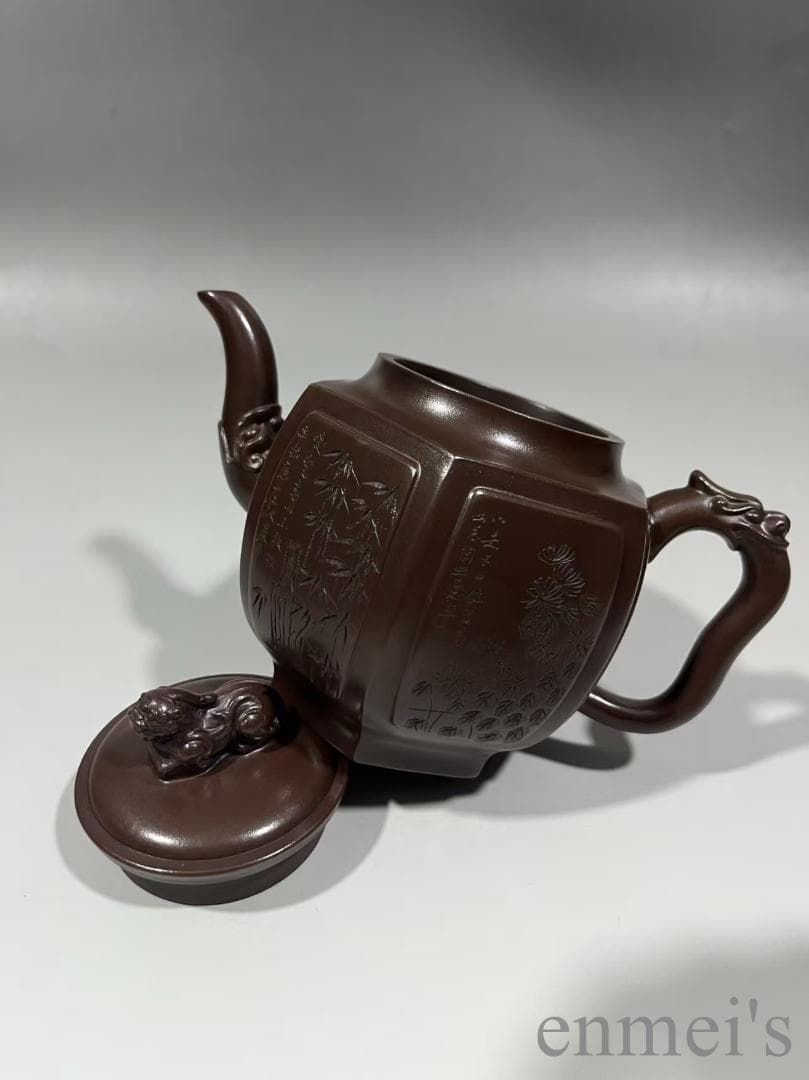 中国古美術 紫砂壺 六方壺 梅蘭竹菊刻紋 底款:徐漢棠 原鉱紫泥 茶壺 煎茶道具