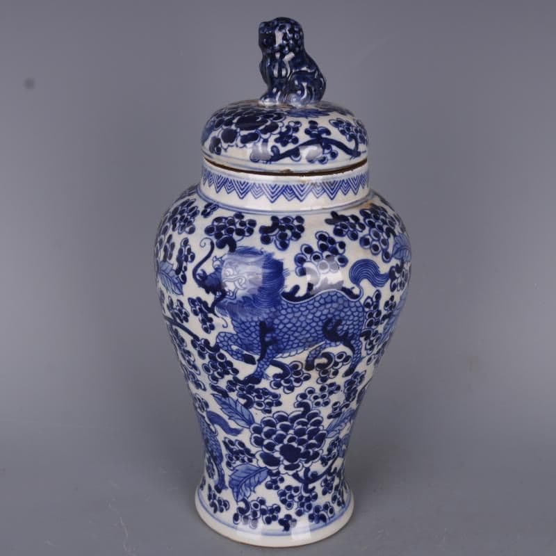 康熙青花穿花麒麟紋獅子壺 景徳鎮 陶磁器 装飾品 現代工芸品美術品 置物