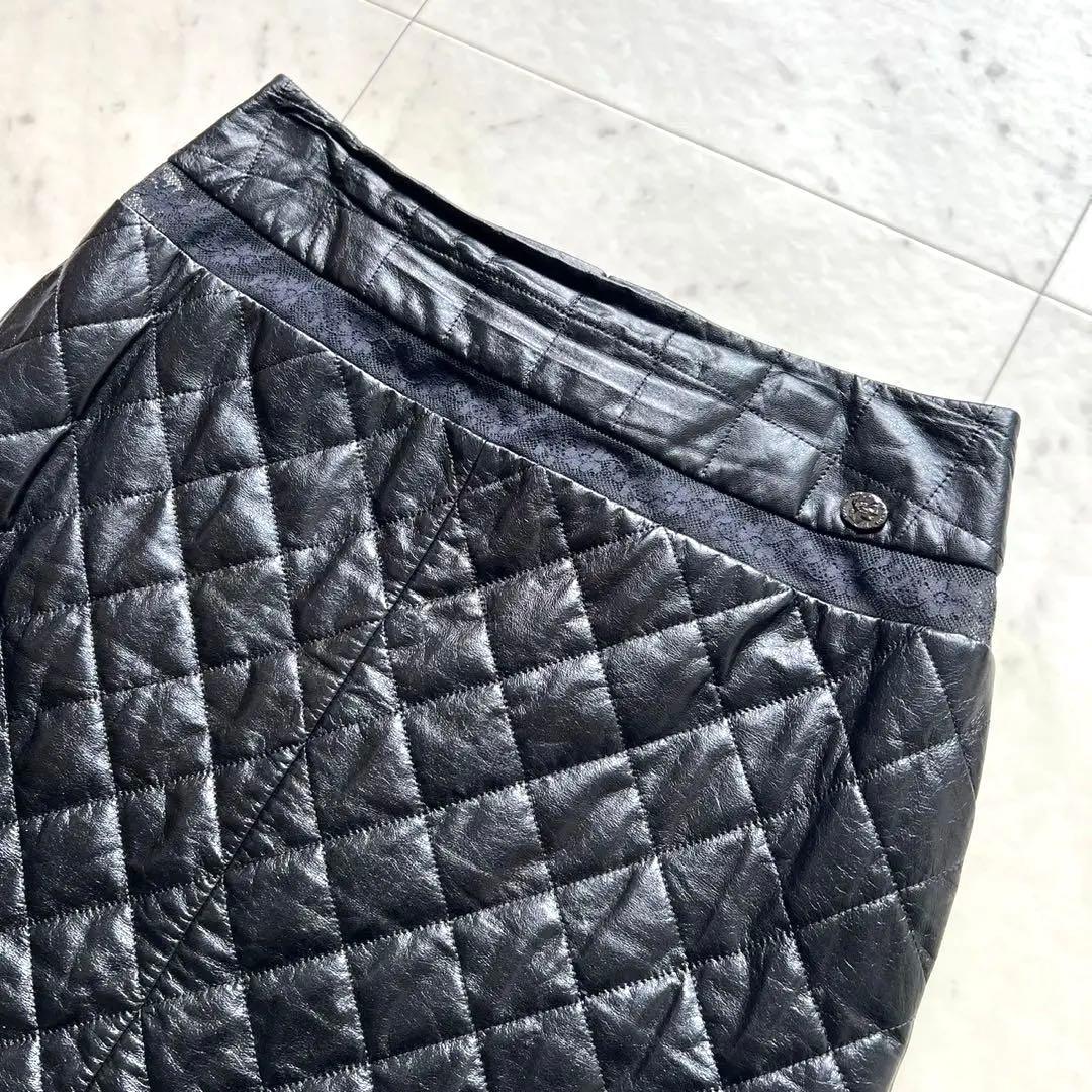 CHANEL 本革レザー マトラッセ 裾レース スカート ブラック 38