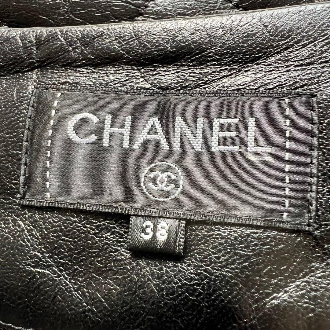 CHANEL 本革レザー マトラッセ 裾レース スカート ブラック 38
