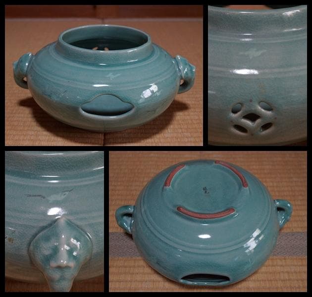 茶道具 銀光造 大型透かし七宝紋茶釜/雲鶴紋象嵌風炉セット 獣双耳 香炉飾り風炉