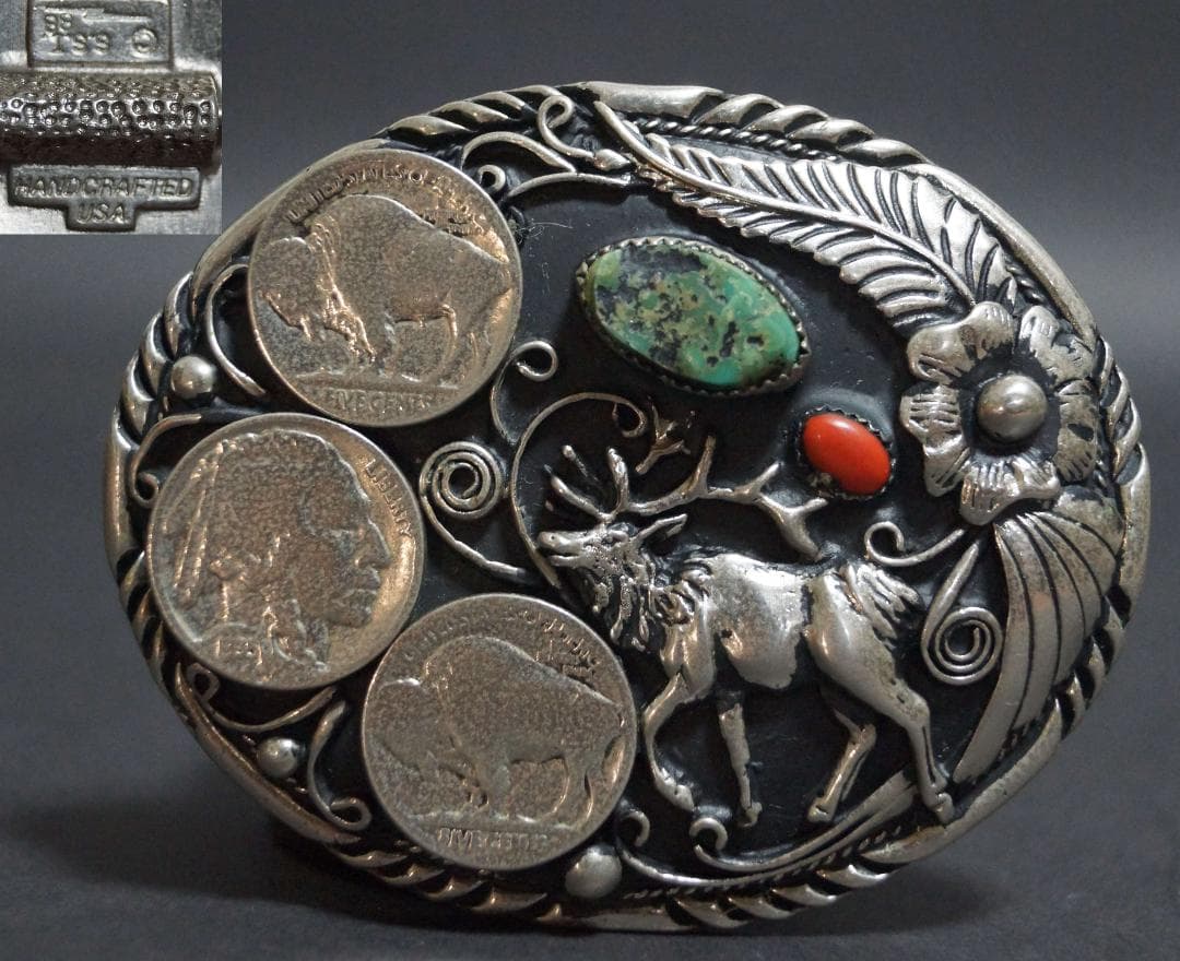 【激レア】ヴィンテージハンドクラフト ウエスタンバックルターコイズ赤サンゴ象嵌