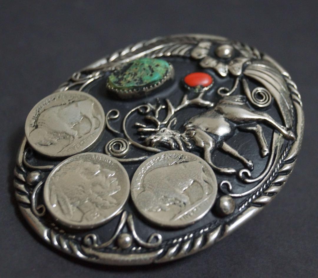 【激レア】ヴィンテージハンドクラフト ウエスタンバックルターコイズ赤サンゴ象嵌