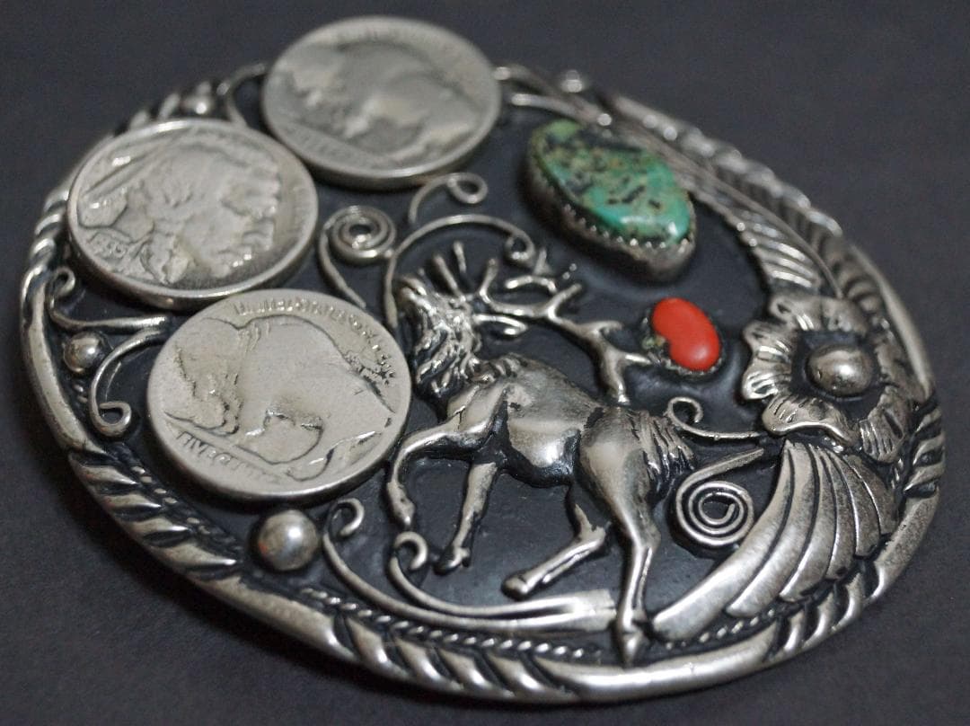 【激レア】ヴィンテージハンドクラフト ウエスタンバックルターコイズ赤サンゴ象嵌