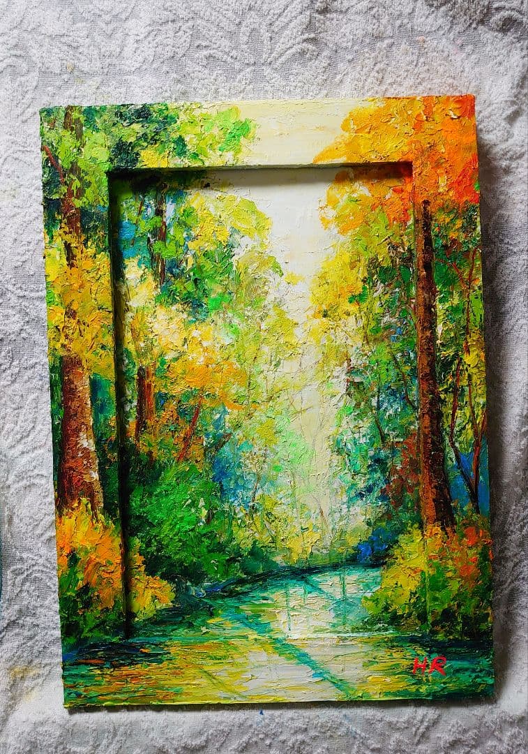 油絵 絵画 【森の白い花道】