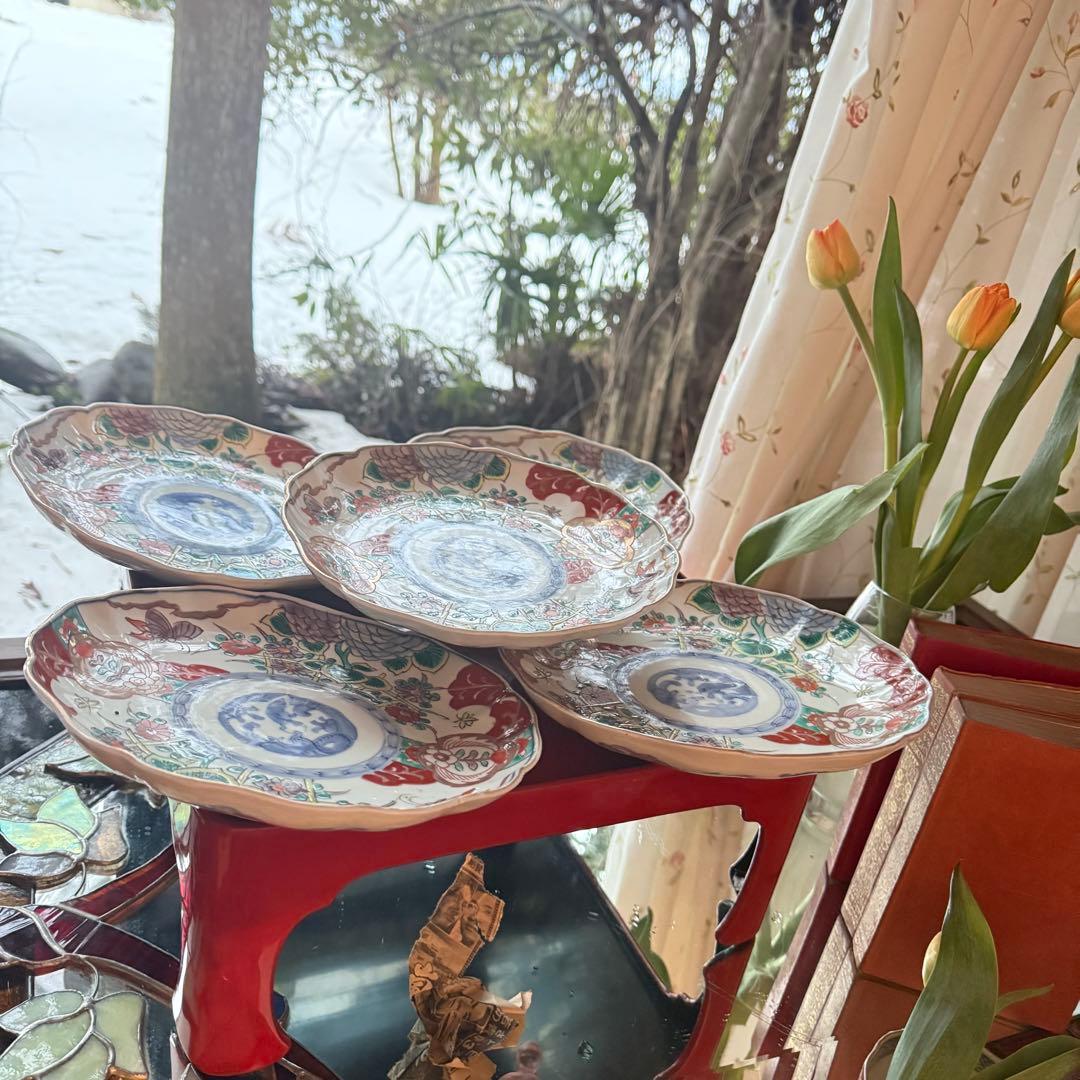 Aさまに感謝お嫁入り‼️渾身伊万里錦手　Dragon❌あじさい桐に蝶蜂菊7寸皿2客