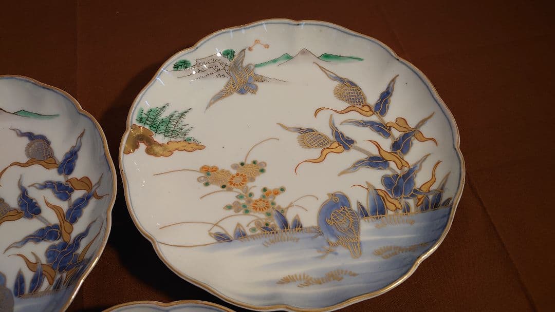 古伊万里　伊万里　色絵　金襴手　中皿　菓子皿　鳥の図　蔵出し　３客