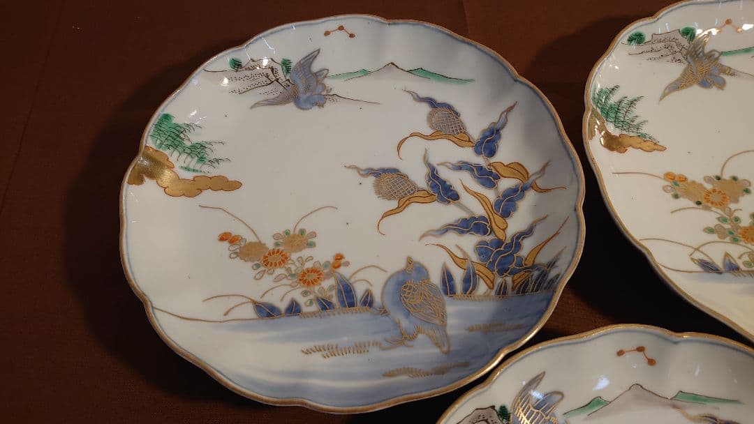 古伊万里　伊万里　色絵　金襴手　中皿　菓子皿　鳥の図　蔵出し　３客