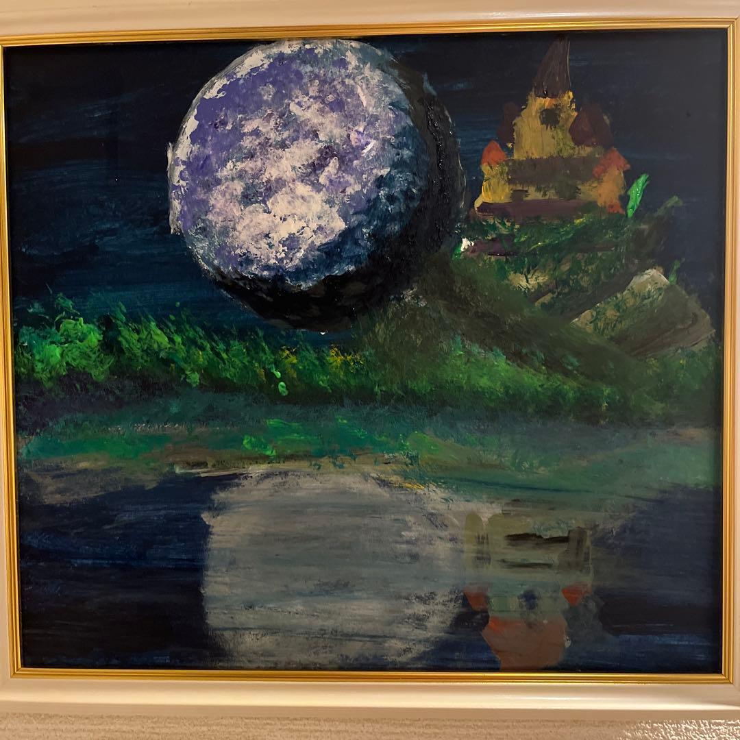 アクリル画 宇宙と風景 約27cm x 25cm