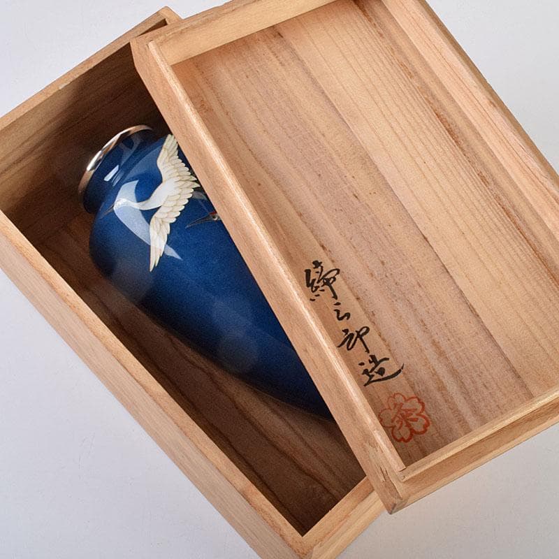 七宝焼　粂野締太郎造　鶴文　花瓶　共箱　M　R9266