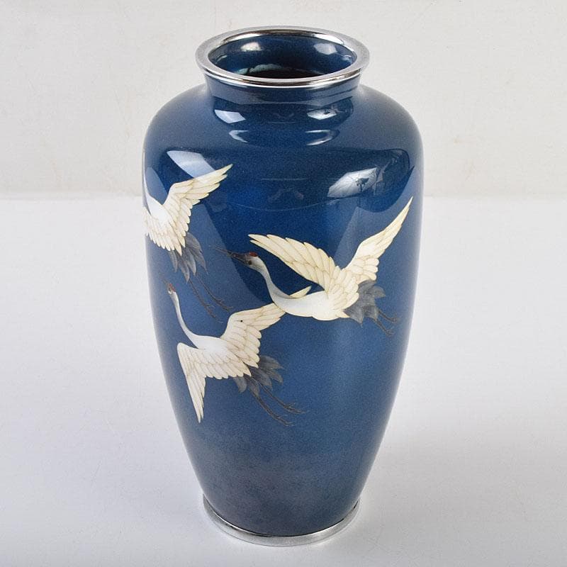 七宝焼　粂野締太郎造　鶴文　花瓶　共箱　M　R9266