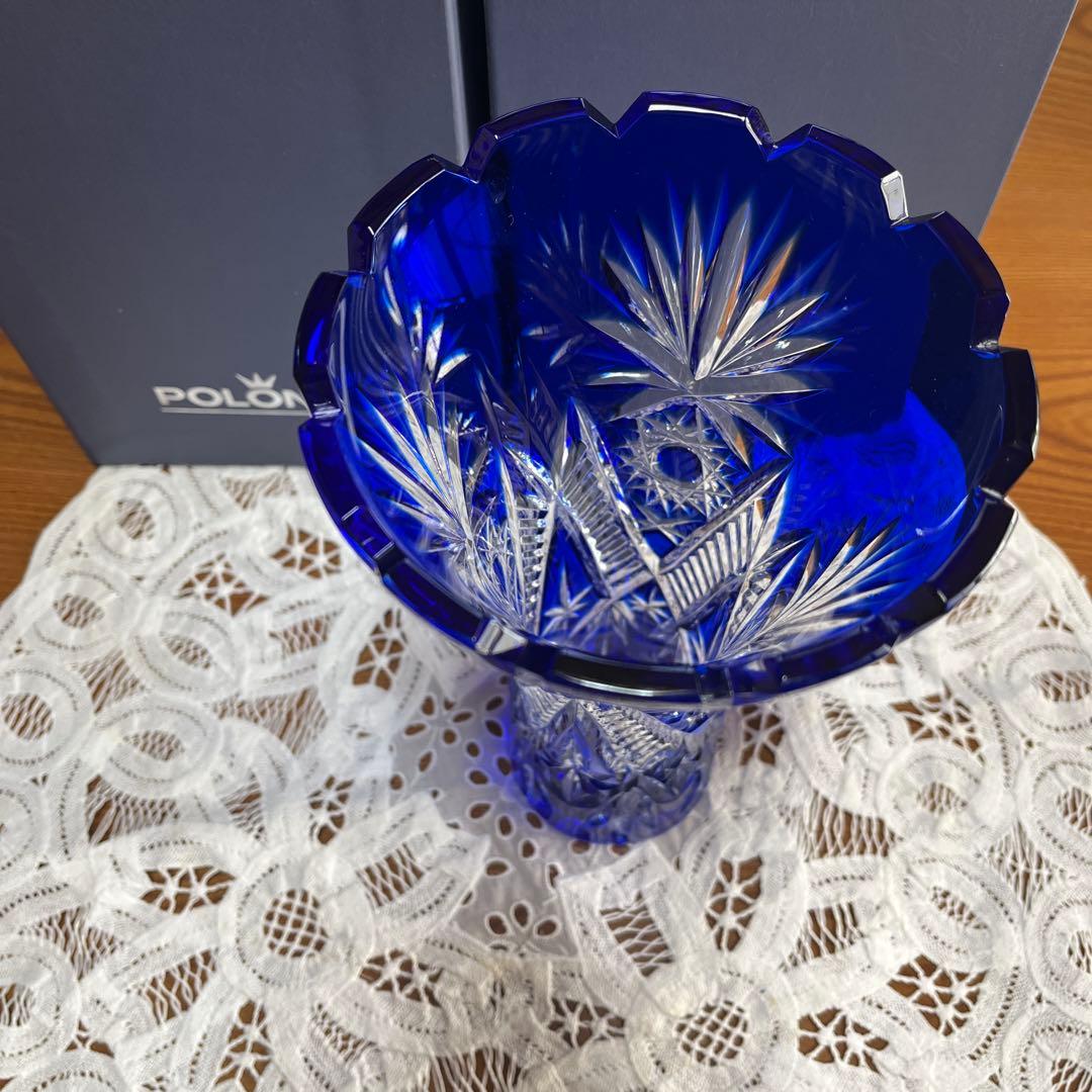 POLONIA カットガラス 花瓶 青　箱つき