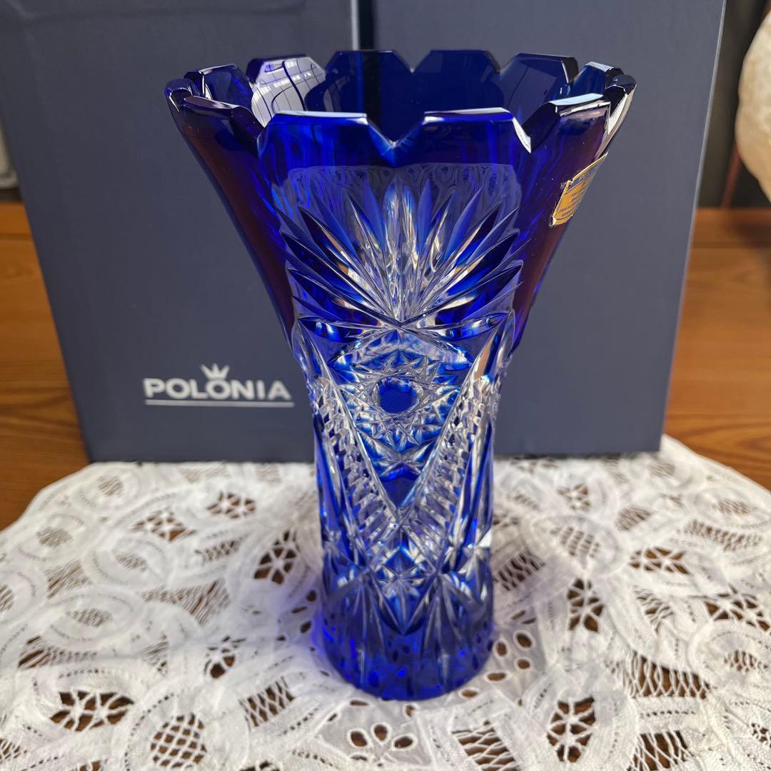 POLONIA カットガラス 花瓶 青　箱つき
