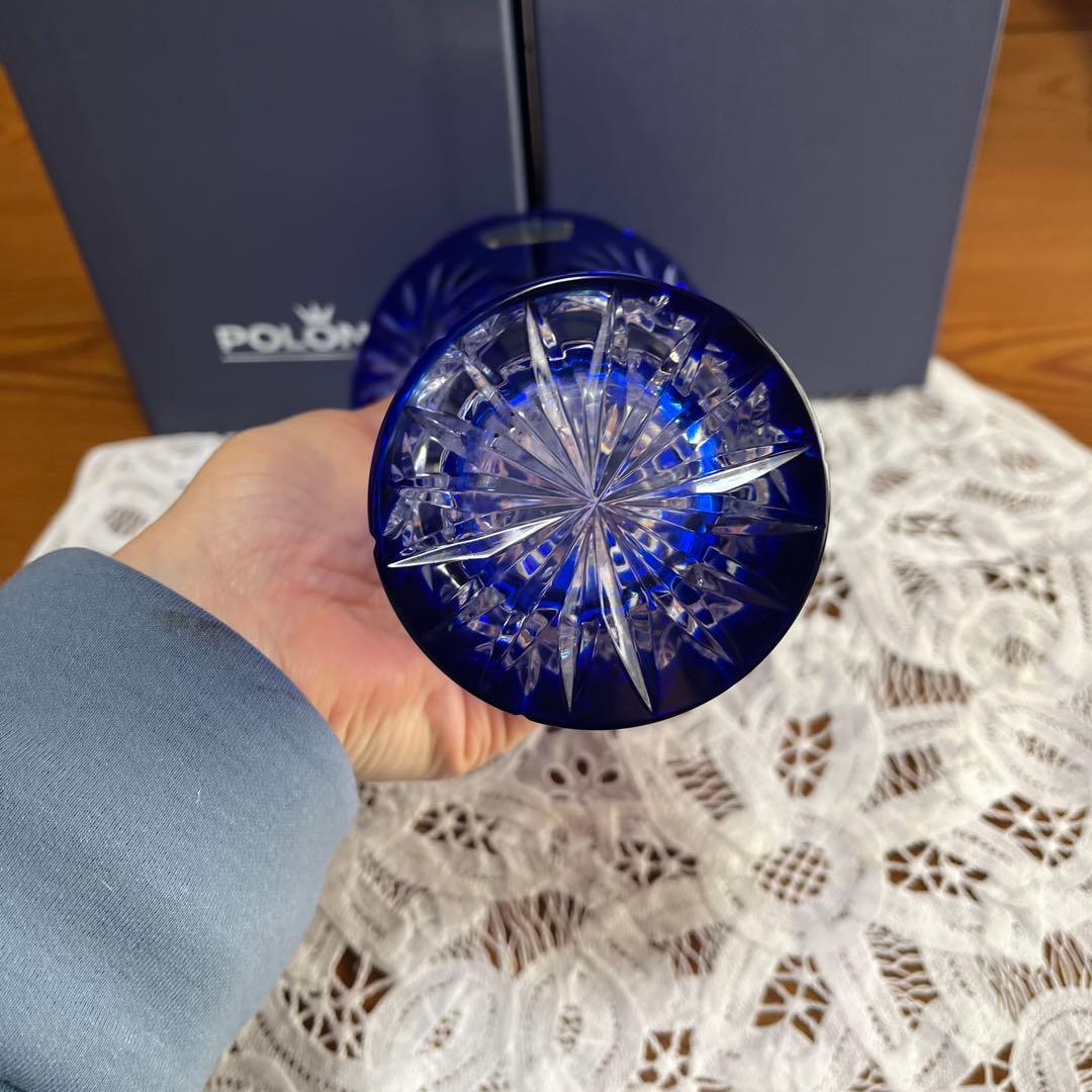 POLONIA カットガラス 花瓶 青　箱つき