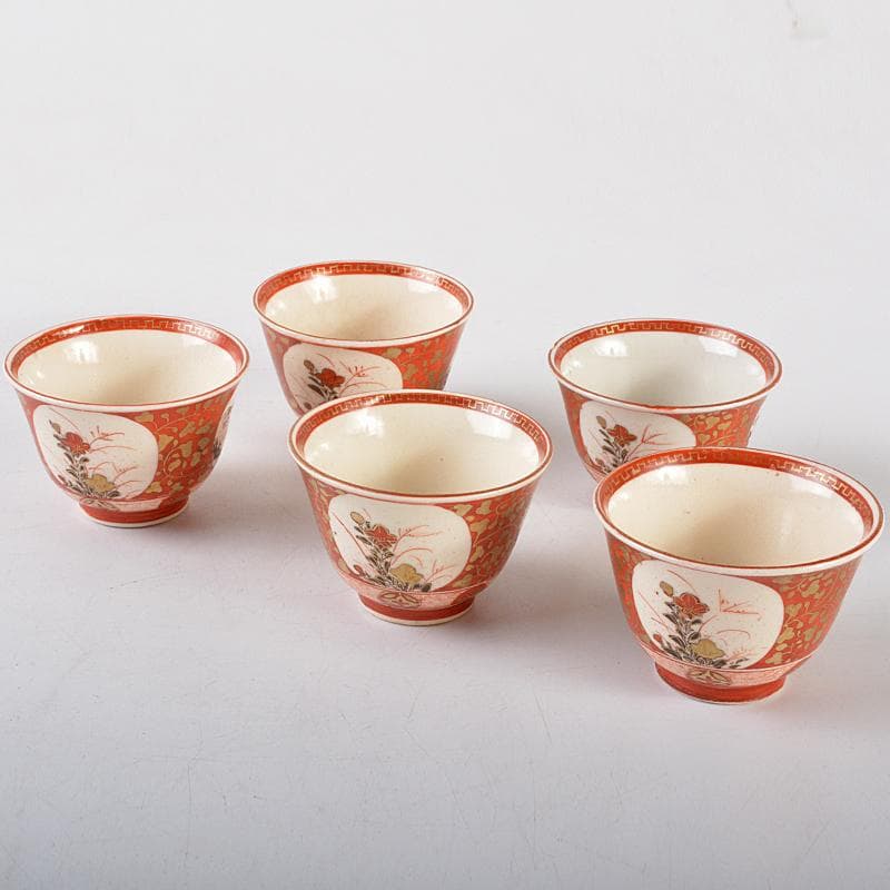 九谷焼　古九谷焼　赤絵金彩　山水人物花文　煎茶碗　五客　時代箱付　F　R5469