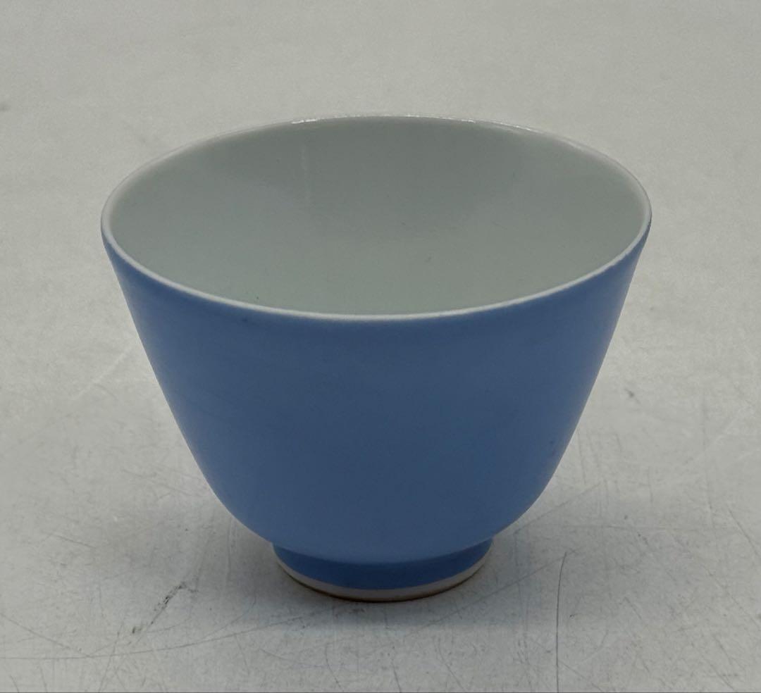 江戸　古清水　水色釉小杯ペア　亀水作　高級茶器　殻手　瑠璃釉　送料込み0819