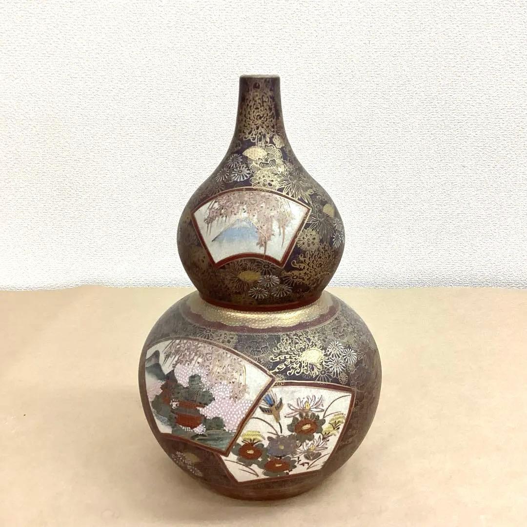 薩摩焼 連山 瓢箪型 金蘭手花尽文扇面花鳥風景図 飾り壺 高さ32cm