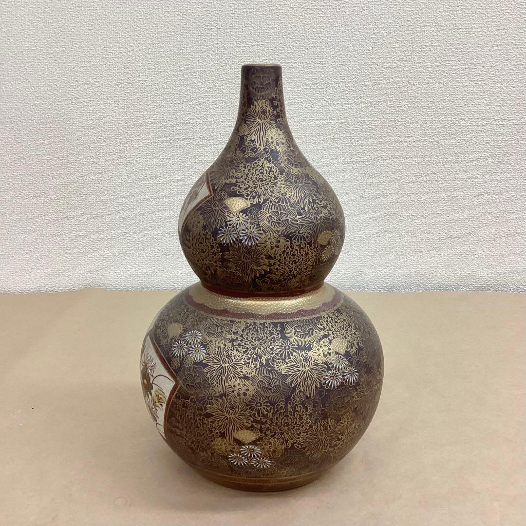 薩摩焼 連山 瓢箪型 金蘭手花尽文扇面花鳥風景図 飾り壺 高さ32cm