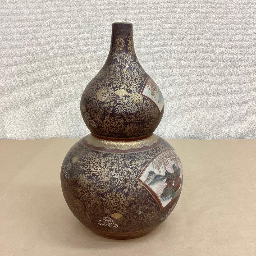 薩摩焼 連山 瓢箪型 金蘭手花尽文扇面花鳥風景図 飾り壺 高さ32cm