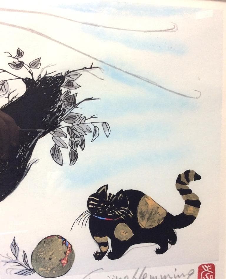 美品 フジ子・ヘミング 「猫十態 ダンゴ君」直筆サイン・限定50/200 木版画