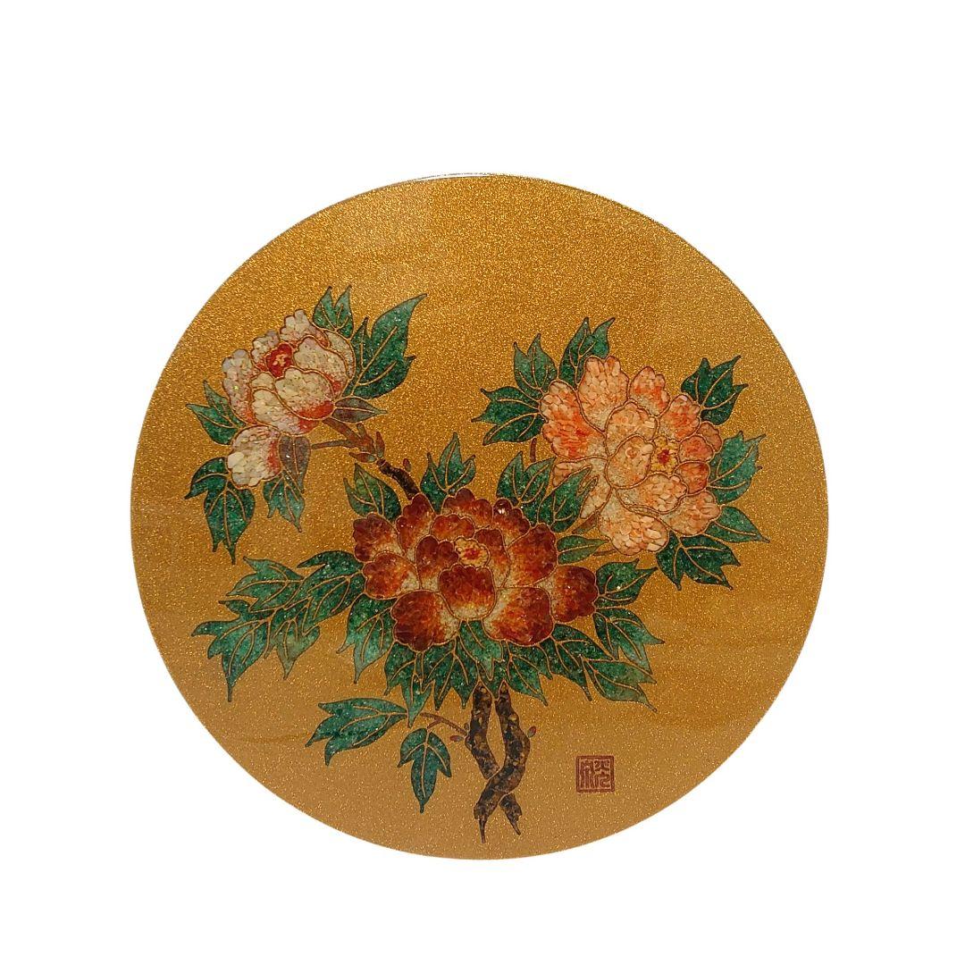 宝石象嵌工芸品 清光光雲 光泉 貴石画 丸額 置物