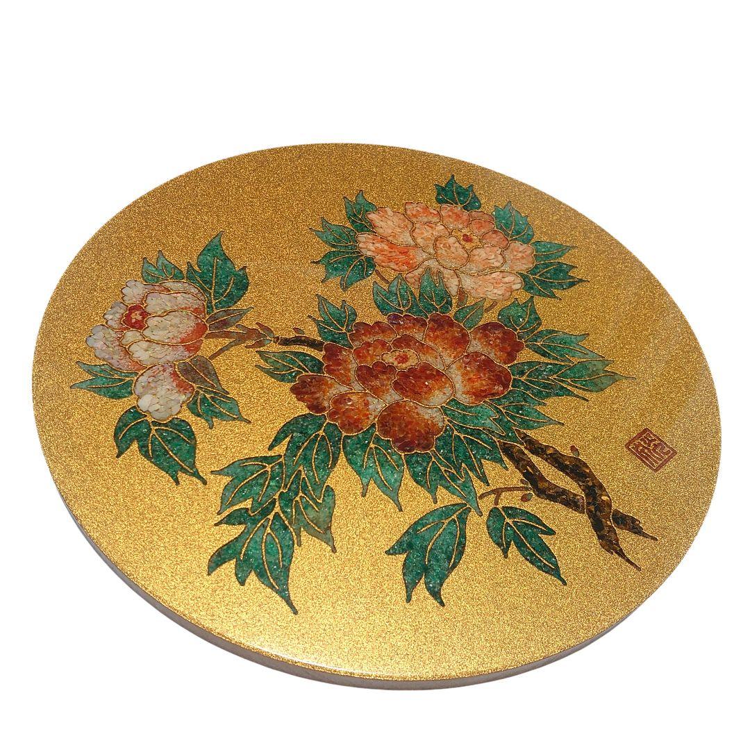 宝石象嵌工芸品 清光光雲 光泉 貴石画 丸額 置物