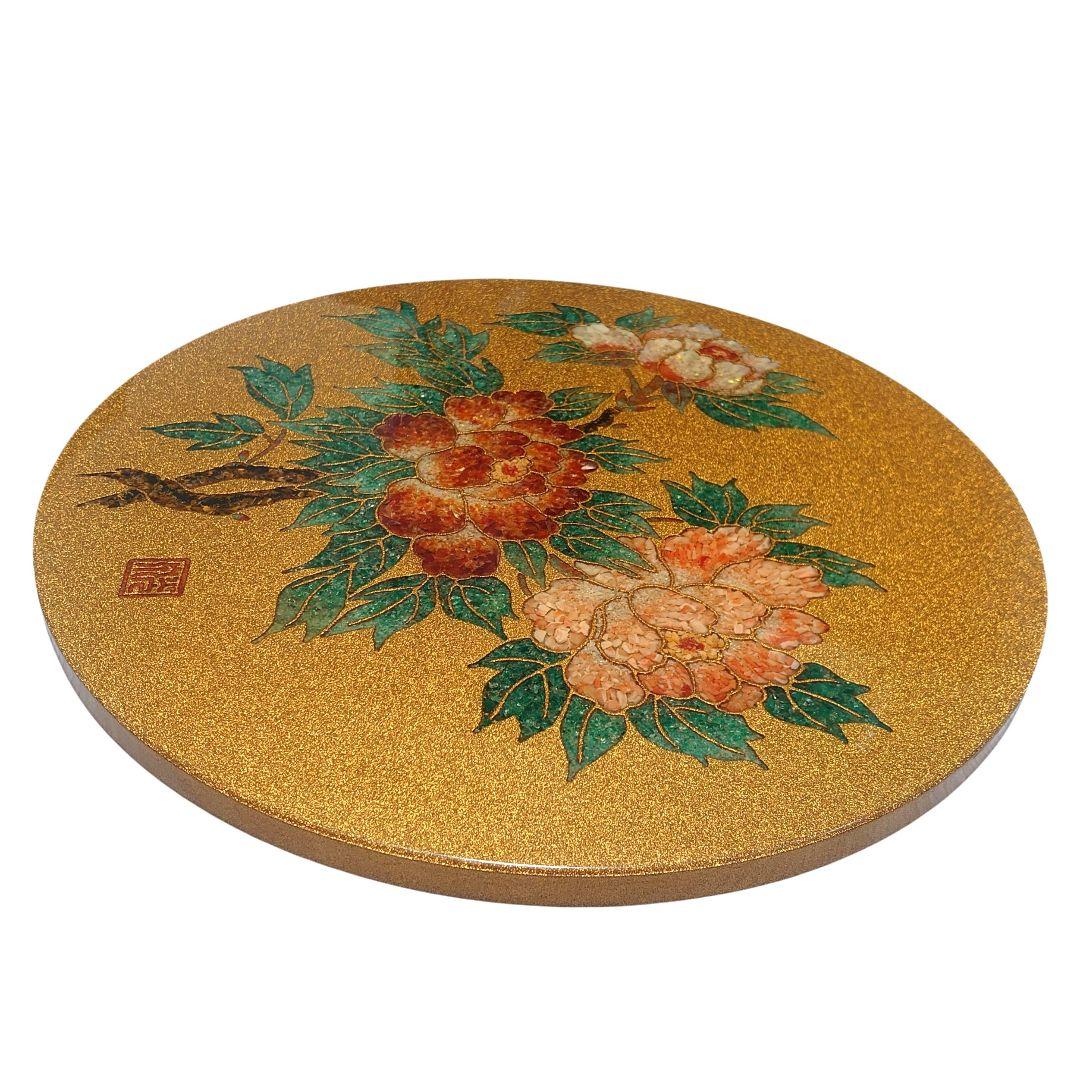 宝石象嵌工芸品 清光光雲 光泉 貴石画 丸額 置物