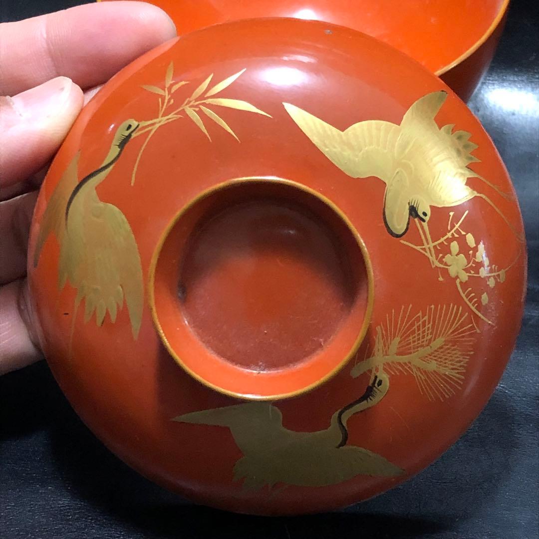 古美術品◆蔵から縁起の良い3羽の鶴が松、竹、梅の華を咥えて優雅に飛ぶ漆塗りのお椀